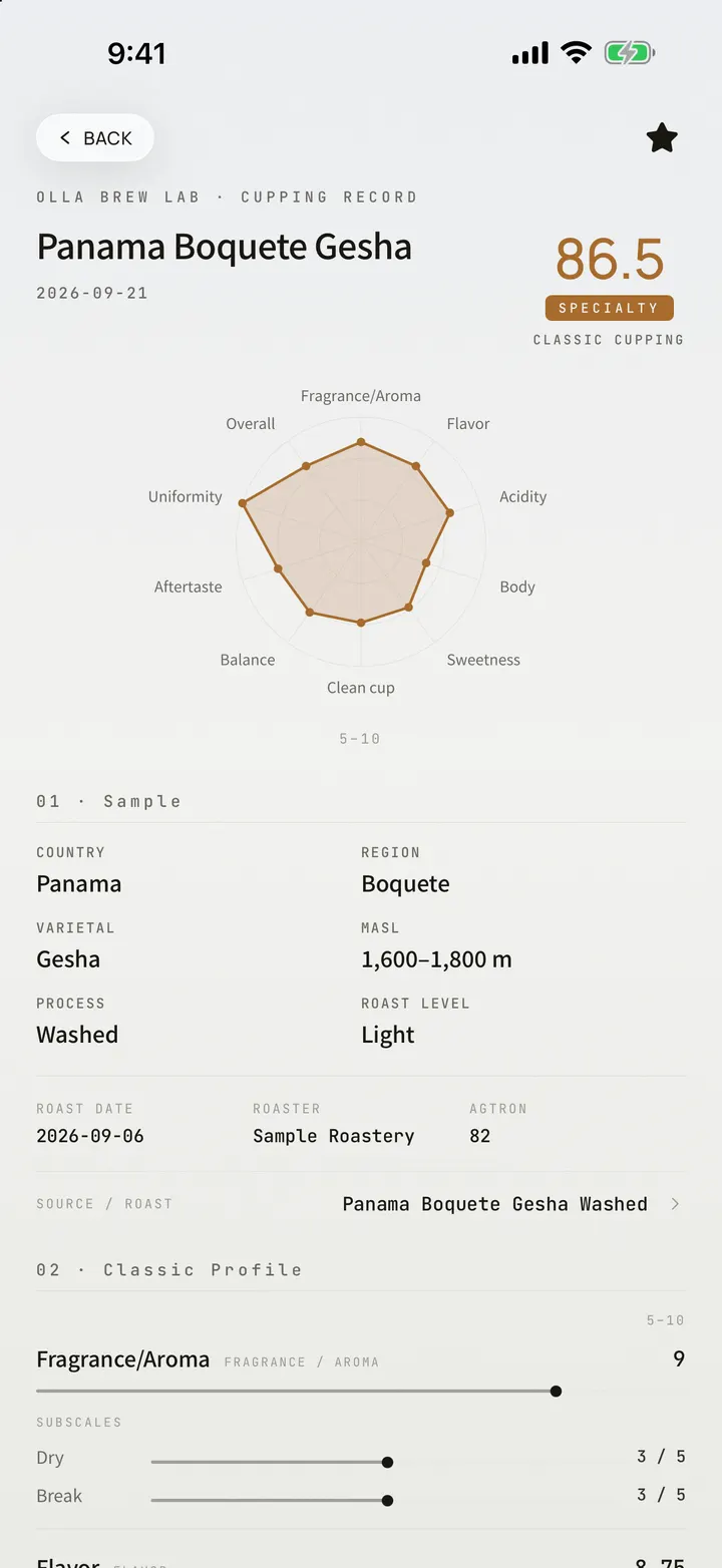 An OLLA cupping record on iPhone 17 Pro Max: the score and its radar, and the sample’s origin, process, roast date, roaster and source lot