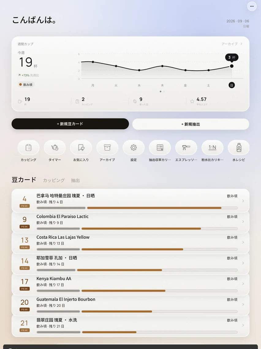 iPad の縦画面に表示された OLLA ホームと週間カップ、豆カード棚