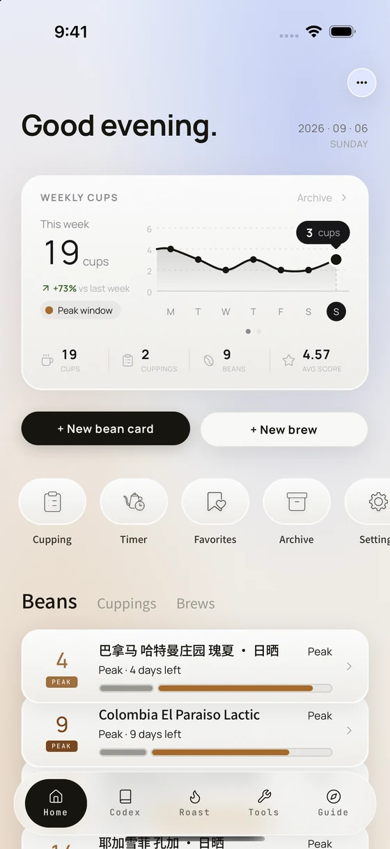 OLLA home screen with the weekly cups card on iPhone 17 Pro Max