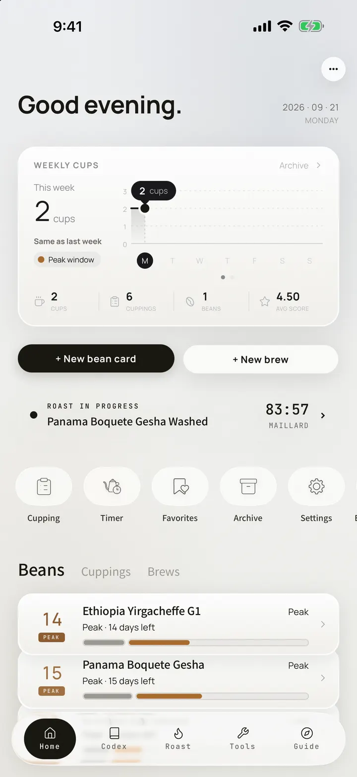 The OLLA home tab on iPhone 17 Pro Max: this week’s cups, a roast in progress and the bean cards’ freshness countdown