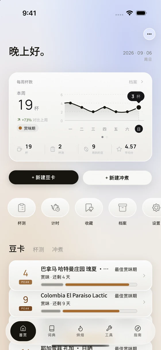 OLLA 首页与每周杯数卡,显示在 iPhone 17 Pro Max 上