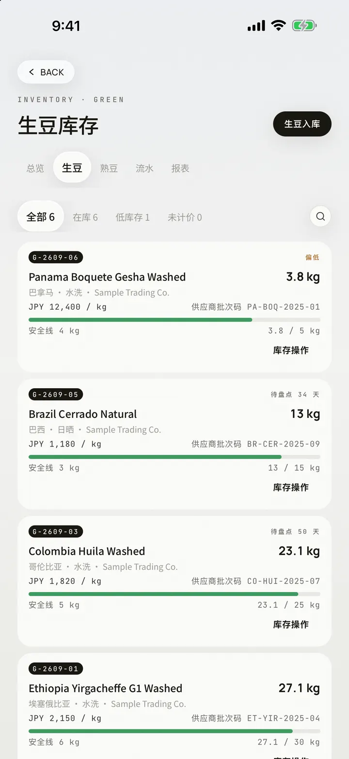 OLLA 库存工作台的生豆层,显示批次编号、余量、安全线、估值与行内动作,在 iPhone 17 Pro Max 上