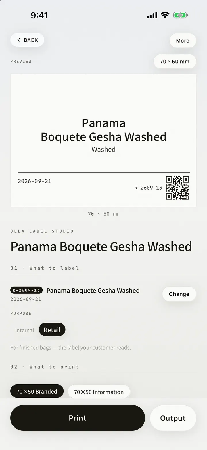 A bag label preview in OLLA Label Studio, on an iPhone 17 Pro Max