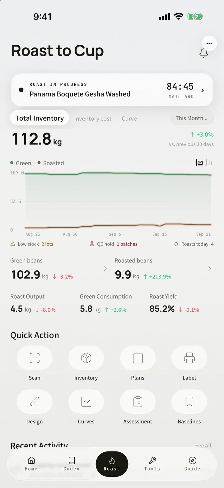The OLLA 1.3.0 roasting home on iPhone 17 Pro Max, showing total stock, the thirty-day green and roasted lines, yield and recent activity