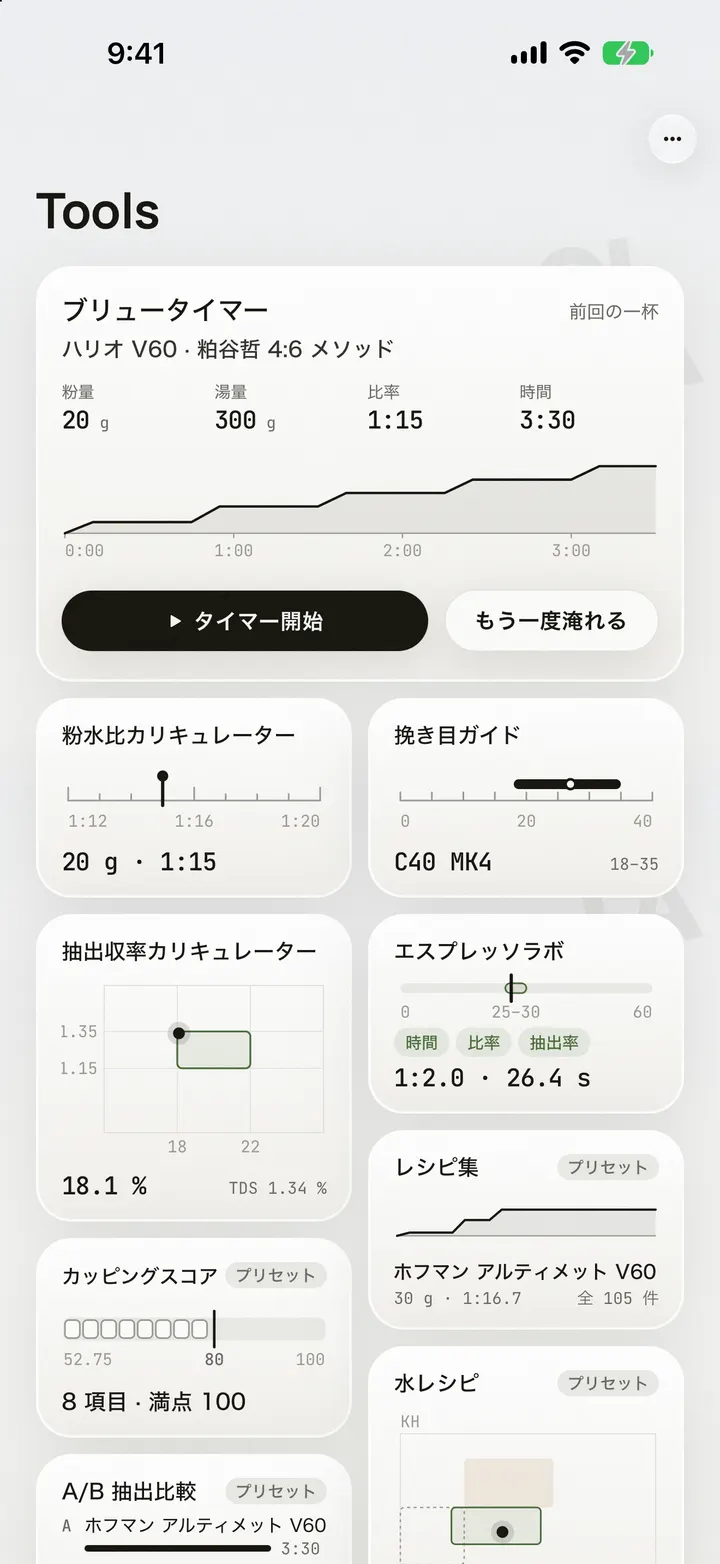 iPhone 17 Pro Max に表示された OLLA 1.3.4 のツール画面。ブリュータイマーのタイルに前回の一杯の器具・粉量・湯量・粉水比・時間、ほかのタイルには各ツールの値が図で並ぶ